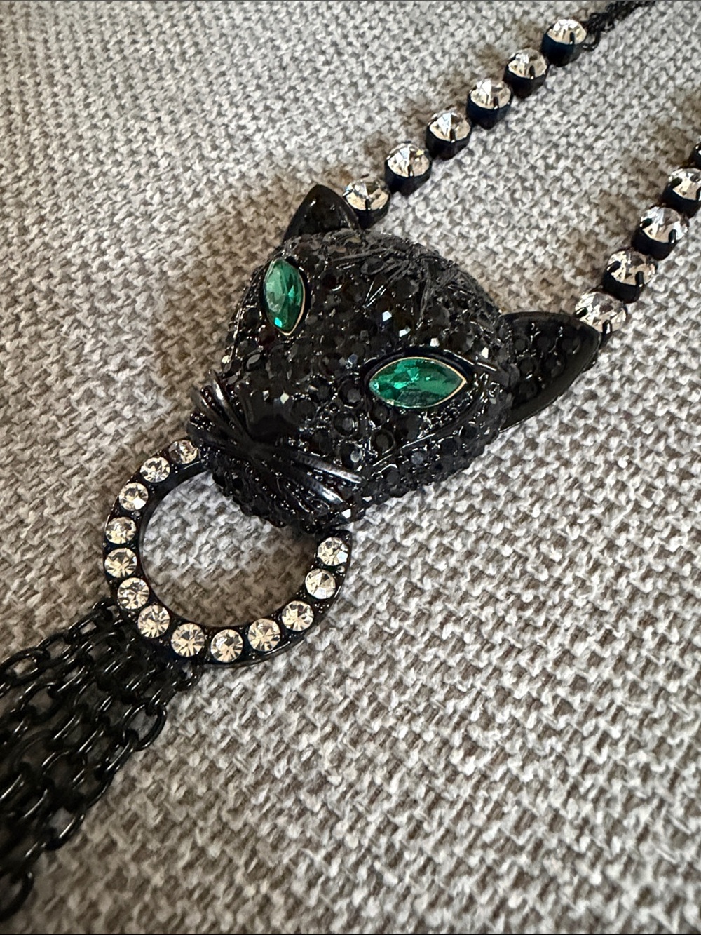 Betsey Johnson Black Panther Pendant Necklace with Green Eyes and Crystal Tassel - Picture 3 of 4